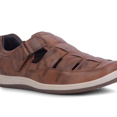 Image of Lee Cooper Men's Leather Comfort Sandal Shoes with Velcro Strap Closure, Breathable Cut-Out Design, Cushioned Insole & Lightweight Flexible Sole - Casual Everyday Walking Footwear | BLACK,