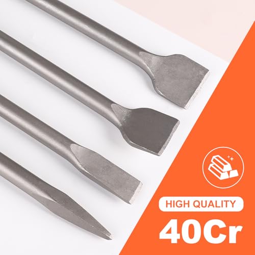 CPROSP 4tlg SDS Max Meißel 600mm Set, Flachmeißel 25mm+Breiter Fliesenmeißel 50mm+Abgewinkelt Breiter Fliesenmeißel 50mm+Spitzmeißel, für Beton und Mauerwerk, Zubehör Bohrhammer