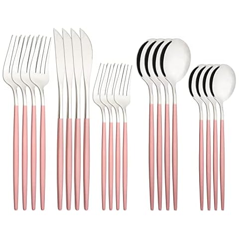 Uniturcky Silverware Set – 20 Piece Family Dinnerware Set – Flatware Set Service For 4 – Pink Silver Tableware Sets – Cutlery Great For Family Gatherings & Daily Use – Spoons, Knives, Forks Cover
