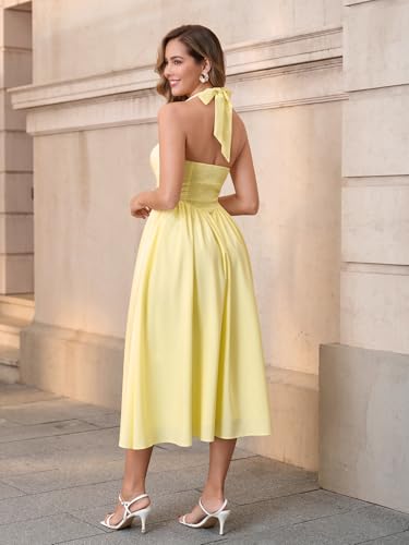 Image of Parthea Women's Floral Halter Corset Midi Dress 2026 Elegant Smocked Flowy Wedding Guest Dresses with Pockets