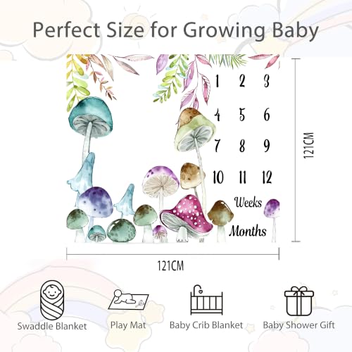 Image of Mushroom Theme Baby Monthly Milestone Blanket, Soft Flannel Watercolor Spring Tropical Eucalyptus Leaves Botanical Photography Prop Newborn Baby Shower Age Growth Tracker (Green Blue, 48x48in)