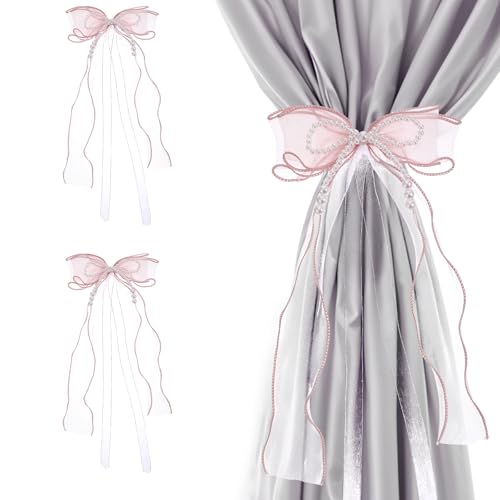 2 PCS Bow Curtain Tiebacks, Elegant Pink Bow Butterfly Curtain Tiebacks with Pearls Sweet Bowknot Holdbacks for Stylish Home Bedroom Offices Dining Rooms Wedding Party Decoration - 31.5 in(80 cm)