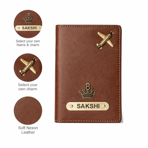 Image of Customized Couple Passport Cover Gift Set 2 Pcs | Personalized Leather Passport Covers with Name & Charm| Anniversary, Valentine, Birthday and Travel Gift (Brown)