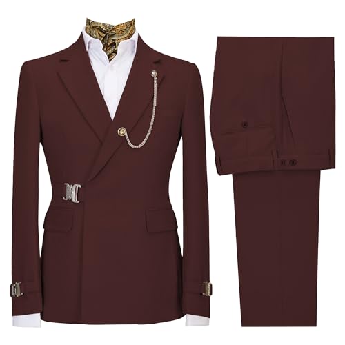 Image of Men's 2 Piece Suit with Metal Clasp Slim Fit Suit Stylish Business Pants Casual Wedding Grooms Tuxedo Suit