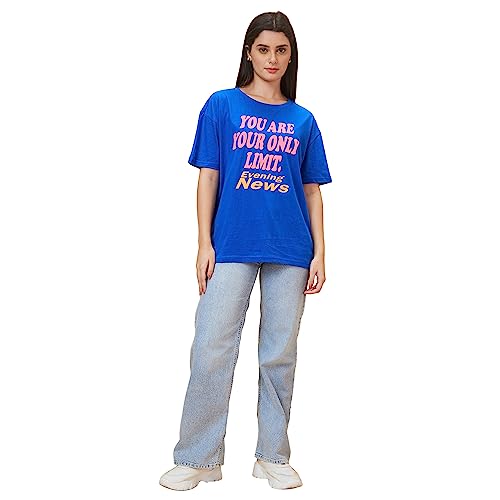 Image of Globus Women Blue Printed Round Neck Casual Boxy Fit T-shirt-3638187001