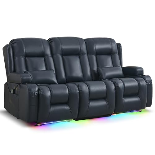 Image of URRED Power Loveseat Recliner Sofa with Massage and Heat, Wall Hugger Reclining Loveseat with Console, RV Couch Home Theater Seating with LED Lights for Living Room (Dark Blue, 76.8 inch - 3 Seats)