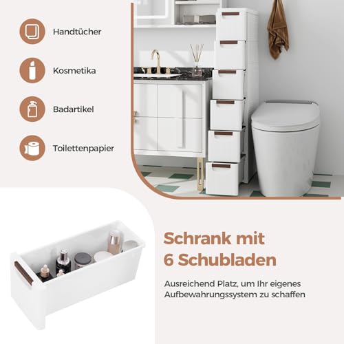 FANTASK rollende Aufbewahrungsschrank, freistehende Nischenwagen mit 6 Schubladen, Nischenschrank schmal mit Rollen, 42 x 19 x 109 cm, Weiß