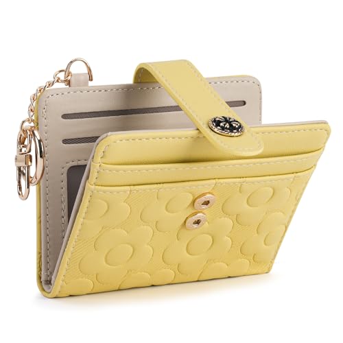 Image of RFID Wallet Women,Slim Small Wallets Embossed Flower Leather Bifold Compact Ladies Girls Wallet with Credit Card Holder Zipper Coin Pocket Yellow