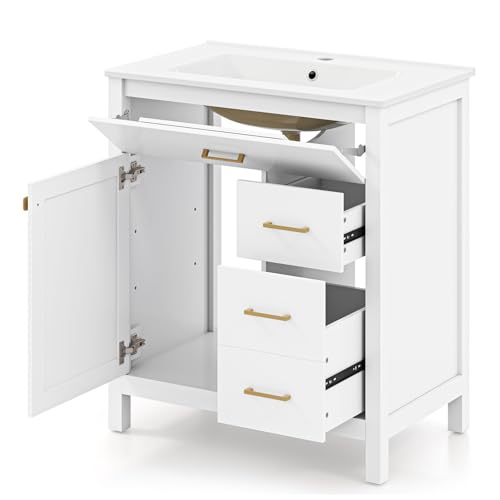 LIFEZEAL Meuble de Salle de Bain avec Lavabo, Meuble sous Lavabo avec Évier en Céramique, 2 Tiroirs et Portes, 76 x 46,5 x 86 cm, Ensemble de Meuble de Salle...