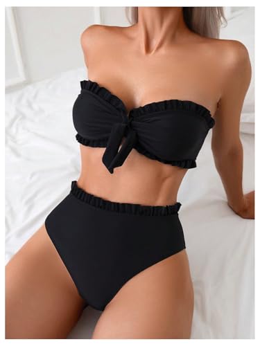 SOLY HUX Women's Bandeau Bikini Set Tie Knot Front Frill Strapless High Waisted Bathing Suit Two Piece Swimsuit3