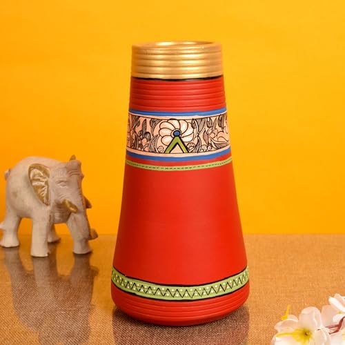 Image of Aakriti Art Creations Handcrafted Red Madhubani Terracotta Vase (9x4.5 HxD) | Traditional Hand-Painted Flower Vase | Matte Finish Decorative Vase for Living Room Decor, Shelf Decor & Gifting
