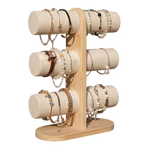 Support de bracelet en velours beige texturé avec 3 niveaux de rangement cylindriques