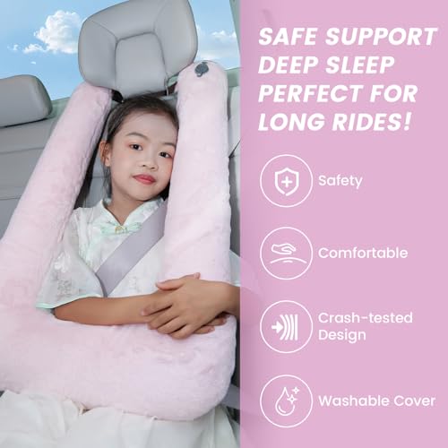 Image of Keemall Inflatable Car Pillow for Kids - Professional Safe Car Seat Sleeping Pillow for Car Travel, Portable Inflatable Travel Pillow for Kids /Adult Flight & Road Rides, Pink
