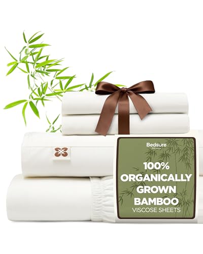 Bedsure 100% Organically Grown Bamboo Viscose Sheets - 18 Inches Deep Pocket Sheets with Elastic Corner, Queen Sheet Set, Ultra-Soft, Silky & Cooling Bedsheets, Oeko-Tex, 4 Pieces, Ivory