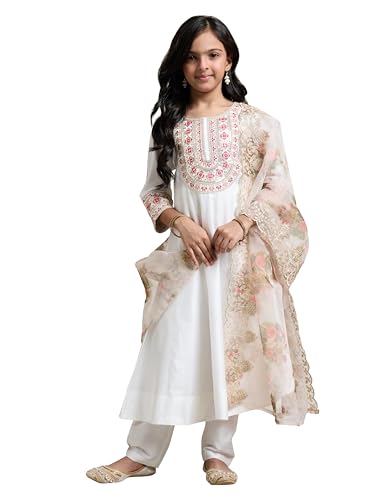 Image of Amazon Brand - Symbol Girl's Rayon Ethnic Wear Embroidered Kurta Set with Net Dupatta