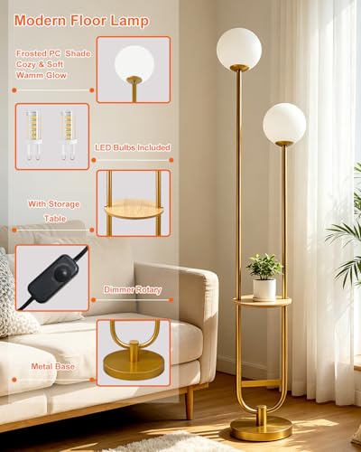 Image of Lightdot 2 Globe Gold Floor Lamp with Table Mid Century Standing Lamps with 3000K LED Bulbs Unique U-Pole Vintage Tall Floor Lamp with 5Lbs Heavy Base for Living Room /Bedroom /Wedding /Party /Home Decor