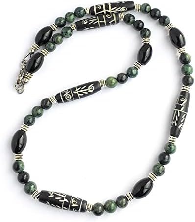 Mens Tribal Style Necklace - Carved Bone, Black Onyx, Kambaba Jasper, Handcrafted (18 inches)