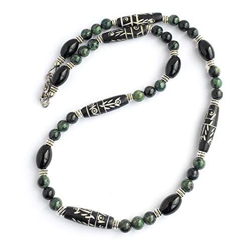 Mens Tribal Style Necklace - Carved Bone, Black Onyx, Kambaba Jasper, Handcrafted (18 Inches) #TOP9