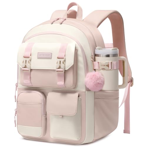 LOVEVOOK School Backpack for Teen Girls Student Backpack Purse for 8-16 Teenage Cute Kid Bookbag with Large Cup Holder Back to School Backpack Fit 15.6 Inch Laptop College Travel Bag for Daughter Gift
