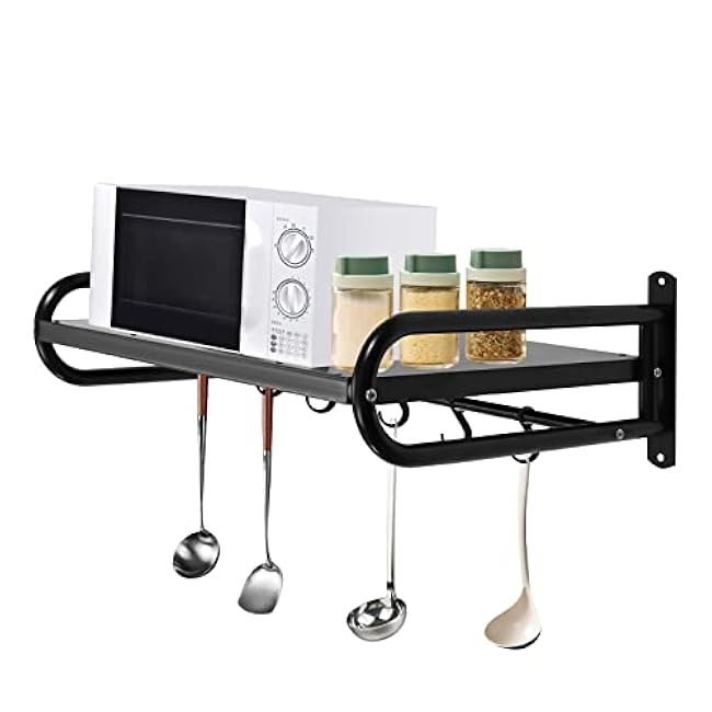 Carbon Steel Wall Shelf, Household Grade Microwave Oven Wall Rack, high Load Bearing countertop, Stationary kit, Multifunctional Storage Rack (15¡°*20.9¡± Black)