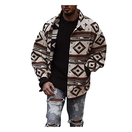 chouyatou Men's Casual Tribal Aztec Pattern Button Down Long Sleeve Trucker Jacket Shacket Coat (Large, Apricot)