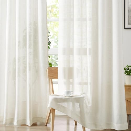 Treatmentex White Semi Sheer Curtains for Living Room 52 x 84 Long Flax Linen Blend Light Filtering Pricacy Window Drapery for Bedroom 2 Panels Rod Pocket