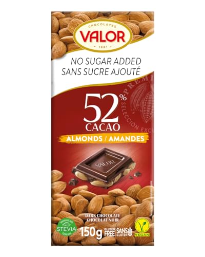 Valor - Chocolate puro con Almendras enteras Mediterráneas. Sin Gluten. 0% Azúcares añadidos. Chocolate puro Valor apto para Celiacos - 150 Gramos