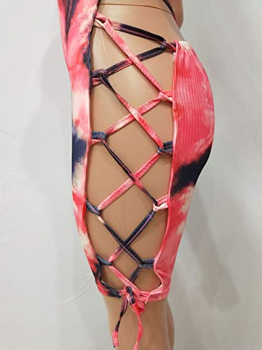 Haoan Women Sexy Halter Jumpsuits Tie Dye Print Backless Lace Up Short Outfits Rompers Pink #TOP5