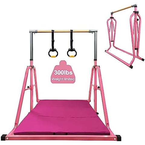 Foldable & Movable Gymnastics Kip Bar,Horizontal Bar for Kids Girls Junior,No Wobble Gym Equipment for Home Indoor,3' to 5' Adjustable Height,Gymnasts 1-4 Levels,300 lbs Weight Capacity (Pink) Cover