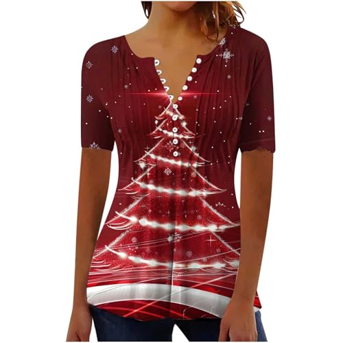 Camisetas femininas gola V outono verão manga curta Color Block Natal franzido top blusa feminina 20