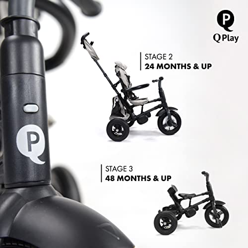 Image of POSH BABY & KIDS QPlay Rito Kids Tricycle with 3-Stages - Premium Toddler Tricycle Bike Featuring Easy Storage & Transportability, Safety Harness, Adjustable Canopy & Parent Handle (Ages 1-5, Grey)