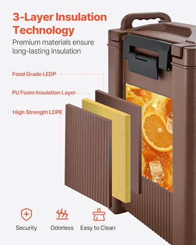 Image of VEVOR Insulated Beverage Dispenser, 5 Gal /19L Hot and Cold Beverage Server with Spigot & Handle, Food-Grade Thermal Drink Dispenser Cooler for Tea Coffee Water in Cafes & Restaurants, Brown