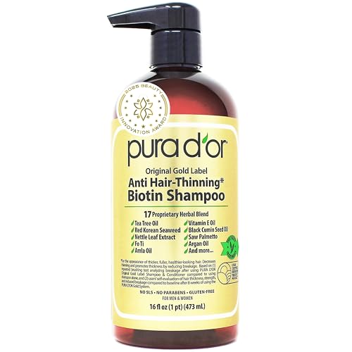 PURA D'OR Original Gold Label Anti-Thinning Shampoo - CLINICALLY TESTED – Natural Earthy Scent - Biotin & Argan Oil – Sulfate-Free Strengthening & Volumizing for Fuller-Looking Hair, Men & Women 16 oz