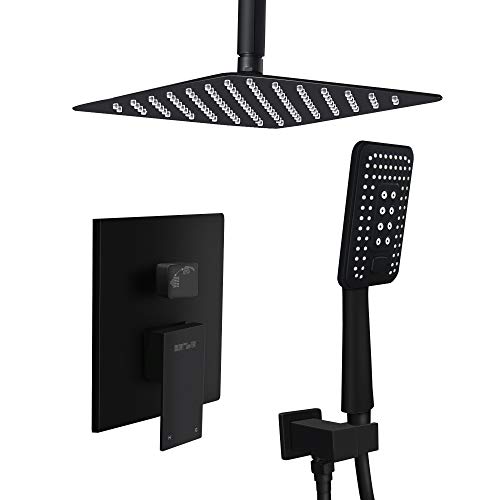 Esnbia 10 Inch Ceiling Mount Matte Black Shower System Bathroom Luxury Rain Mixer Shower Combo Set Ceiling Rainfall Shower Head System (Rough in Shower Faucet Vlave Includeï¼‰