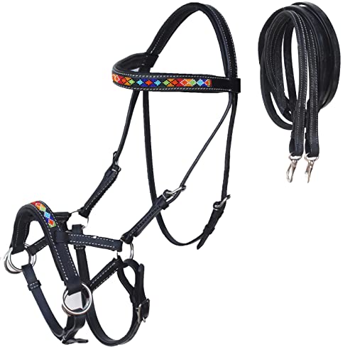 CHALLENGER Horse Western Horse Bitless Black Padded Leather Beaded Sidepull Bridle with Reins 77RT15BK