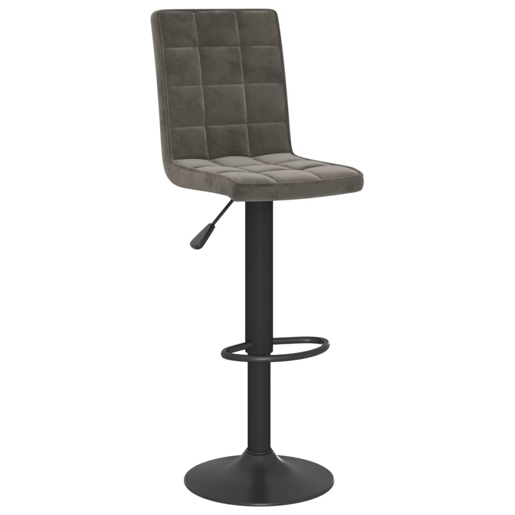 Taburete de bar estable con estructura de acero y suave tapizado en terciopelo, silla de bar regulable en altura con resorte de gas, taburete giratorio con reposapiés en gris oscuro