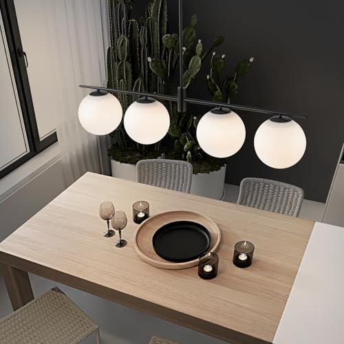 Image of Black 45.3 inch Linear Chandeliers for Dining Room 4-Lights Milk Glass Globe Large Modern Linear Chandelier for Kitchen Island Living Room, Mid Century Chandelier Light Fixture Over Table