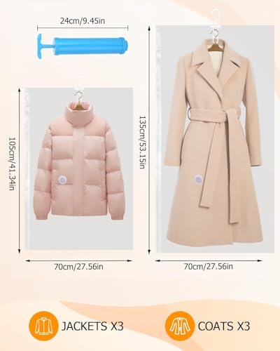 Tixexo 6 Hängend Vakuumbeutel für Kleidung, Vakuum Kleiderbeutel mit Kleiderhaken, Kleidung Platz Sparen für Kleider, Anzüge, Mäntel, Jacken（105x70cm+135x70cm）