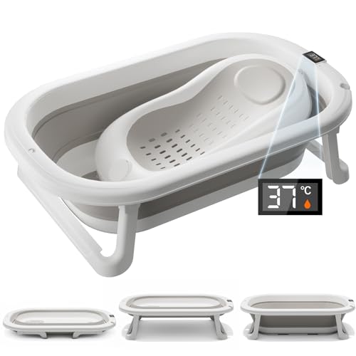 DEANIC Baby Badewanne mit ergonomischer Badesitz für 0-18 Monate, Faltbare Badewanne Baby mit Badethermometer, Baby Bathtub Neugeboren (Hellgrau)