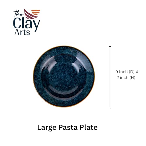 Image of Premium Pasta Plates, Ceramic Plates for Pasta, Large, Round & Deep Dish, Microwave & Dishwasher Safe, Handmade Stoneware, Elegant Tableware, Rustic Blue, 9 Inch, Set of 2