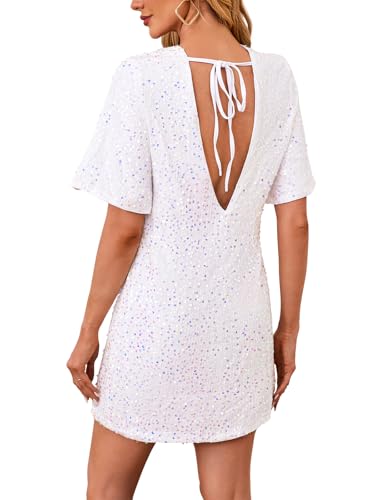 Women's Sequin Mini Club Party Dress Short Sleeve Crewneck Tie Backless Velvet Dresses