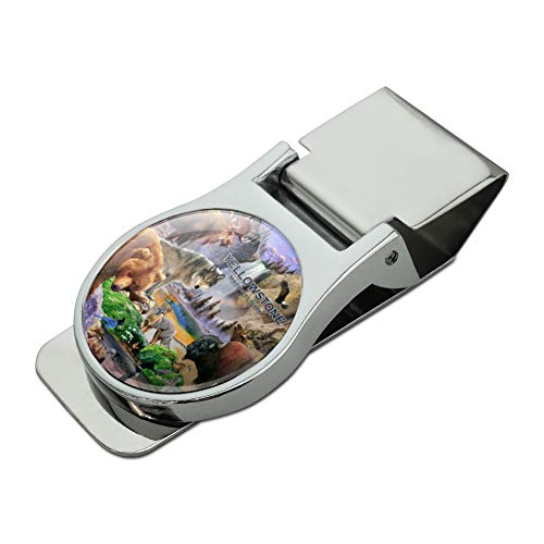 Yellowstone National Park Wyoming Montana Idaho Animals Wolf Bear Fox Bison Satin Chrome Plated Metal Money Clip