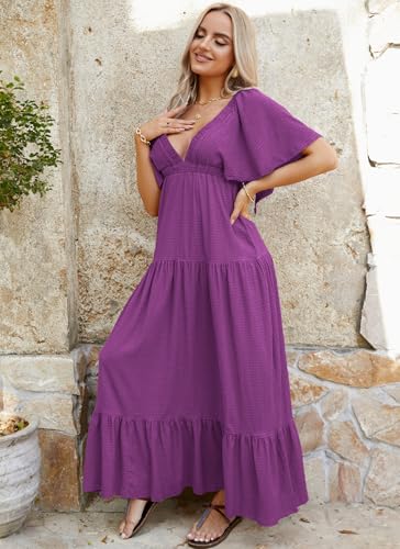 Image of Kikibell Women Summer Dresses Sexy V-Neck Maxi Dress Tiered Silhouette with Flutter Sleeve Backless Elastic Waist Flowy Dress