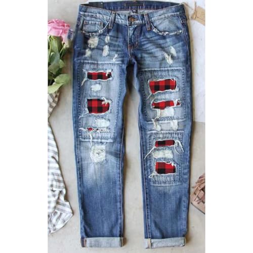 ZOCAVIA Women Trendy Denim Jeans Plaid Patch Ripped Low Pro Distressed Stretch Skinny Cute Boyfriend Pant for Women with Hole2