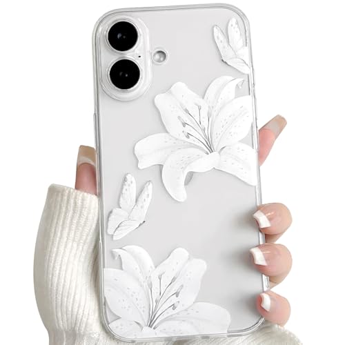 NITITOP Cover per iPhone 16 Trasparente Grazioso con Fiore di Giglio Farfalla Motivo per Donne Ragazze con Protezione TPU Morbido Anti Ingiallimento Anti-Graffio Antiurto Custodia - Bianco
