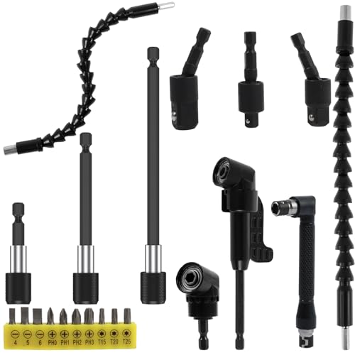 US 21Pcs Flexible Drill Bit Extension Kit Soft Shaft Screwdriver Extender with 105° Right Angle Drill Attachment Drill Bit Holder 90° Right Angle Screwdriver Wrench 10 Screwdriver Bit(Mixed color)