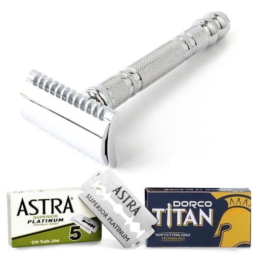 Parker Safety Razor Astra 5 Blade, Dorco 10 Blade, mango cromado, unisex-adultos