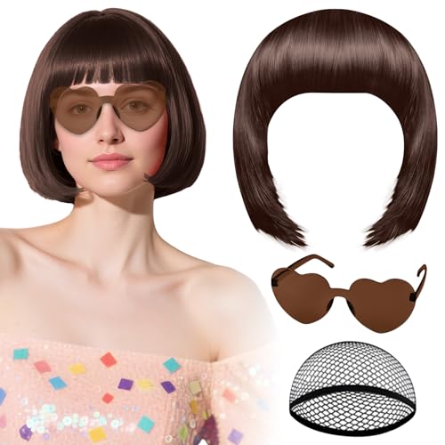 PLULON Dark Brown Bob Wig with Heart Sunglasses and Hair Cap for Women Short Bob Wigs Synthetic Colored Funny Cosplay Hairpieces for Women Men Neon Bachelorette Halloween Costume Party Decorations