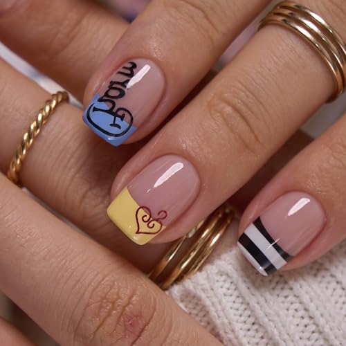Image of CurvLife Soft Gel Square Press-On Nails Short, Reusable Fake Nails with Glue & Adhesive Tabs, 30PCS Salon-Quality Stick-On Nails for At-Home Manicure (Paris Script)