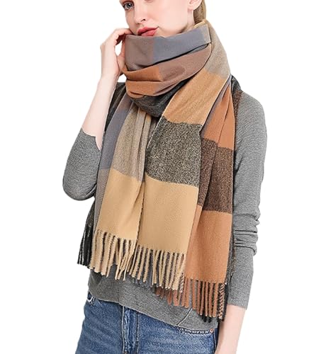 Wander Agio Women's Fashion Scarves Long Shawl Winter Thick Warm Knit Large Scarf Plaid Rough Black Camel 25